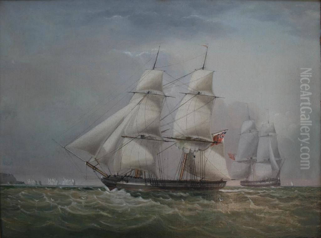 A Frigate In Two Positions And Other Vessels Oil Painting by James Harris of Swansea