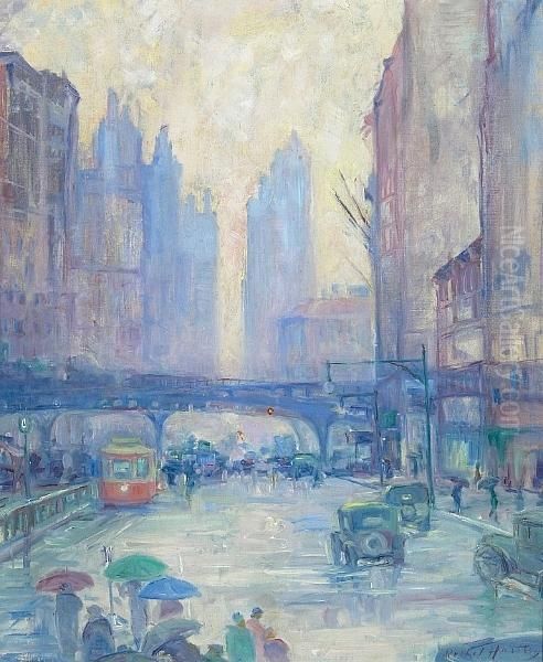Chicago Street Scene Oil Painting by Rachel V. Hartley