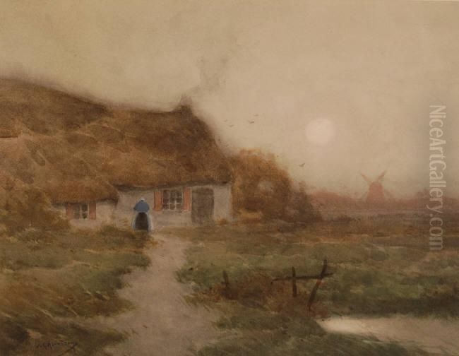 Woman Outside A Dutch Cottage At Dusk Oil Painting by Walter C. Hartson