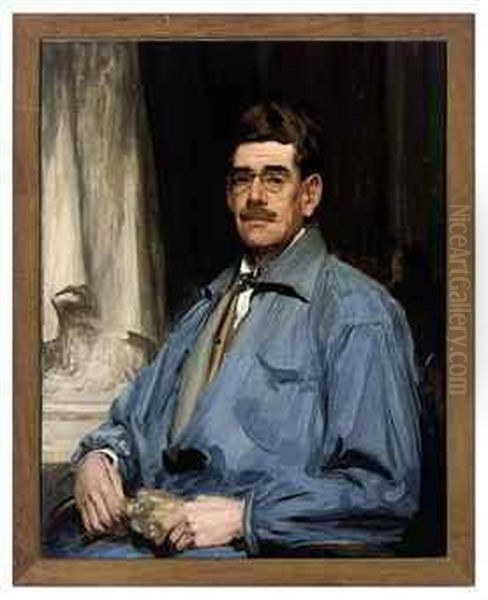 Self-portrait, Half-length, In Blue Overalls, A White Shirt Andbow-tie Oil Painting by Charles Leonard Hartwell