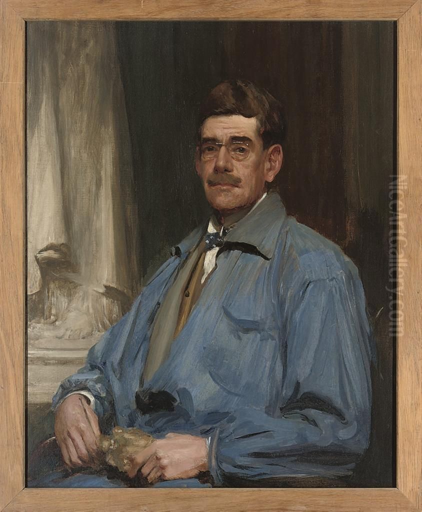 Self-portrait, Half-length, In Blue Overalls, A White Shirt And Abow-tie Oil Painting by Charles Leonard Hartwell
