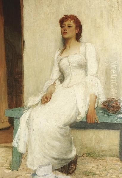 A Maiden Sat At Her Door Oil Painting by Charles Leonard Hartwell