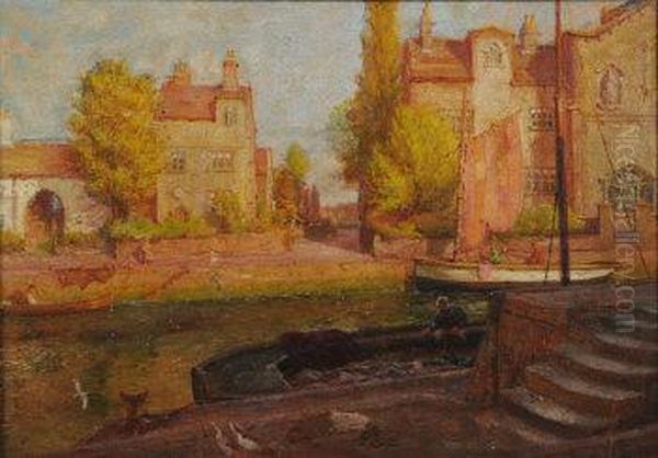 Fishing Boats And Barges OnA Dutch Canal, Oil Painting by Ernest William Haslehurst