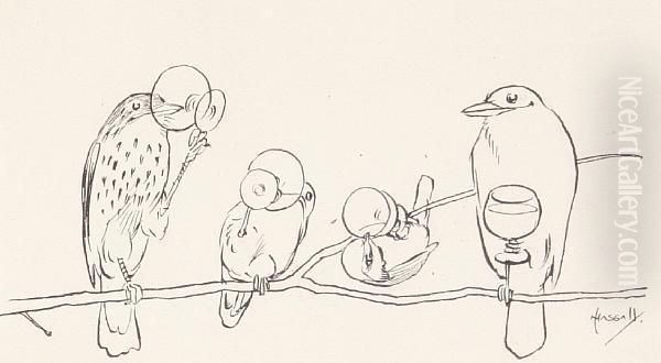 'birds' Tipple' Oil Painting by John Hassall