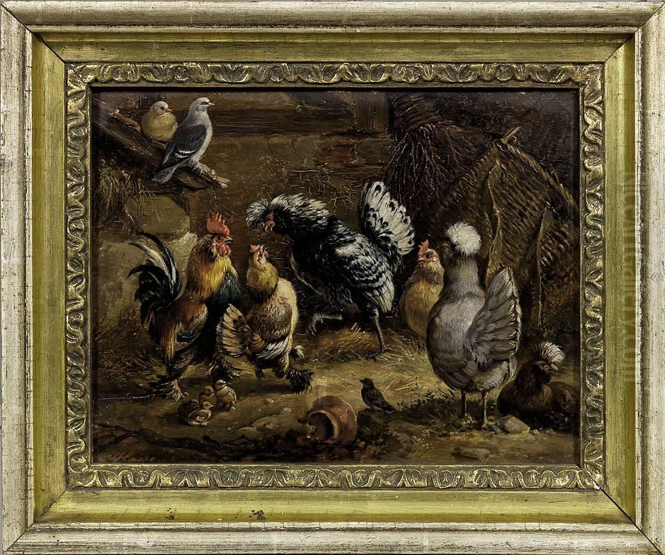 Geflugelhof Mitkampfenden Hahnen Oil Painting by Ernst Hasse