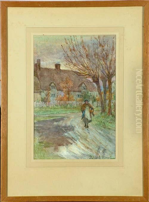 H*** Margetson 13 1/2in. X 9in. The Rain Is Over-a Village Street Scene Signed Oil Painting by Helen Howard Hatton