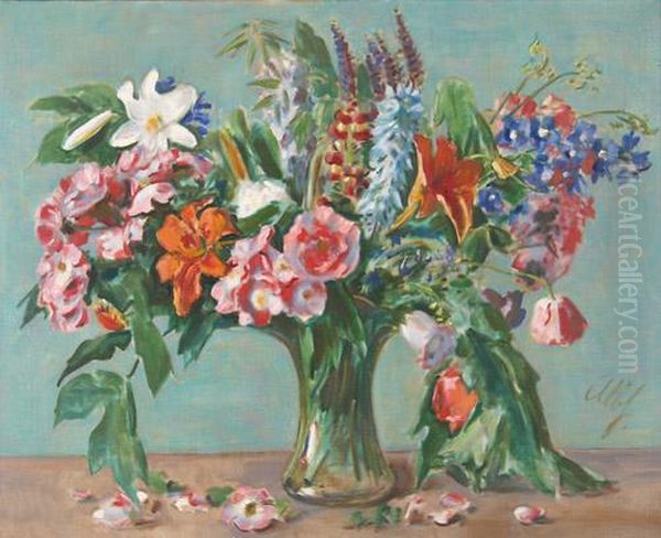Stilleben Mit Erbluhten Sommerblumen In Einer Glasvase Oil Painting by Albert Haueisen