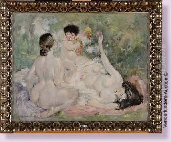 Les Baigneuses Et Un Putto Aux Raisins Oil Painting by Albert Haueisen