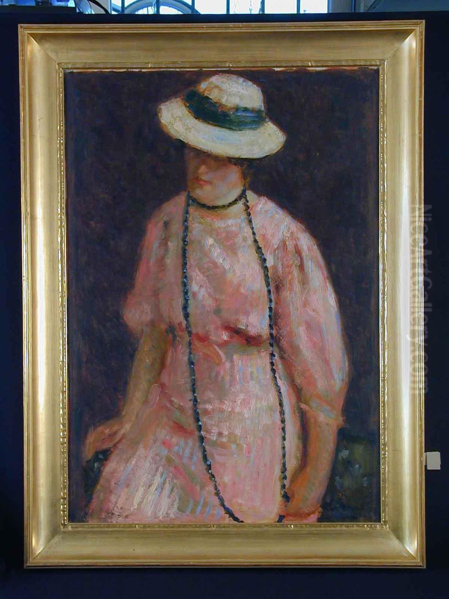 Junge Frau Mit Hut U. Rosa Kleid Oil Painting by Albert Haueisen
