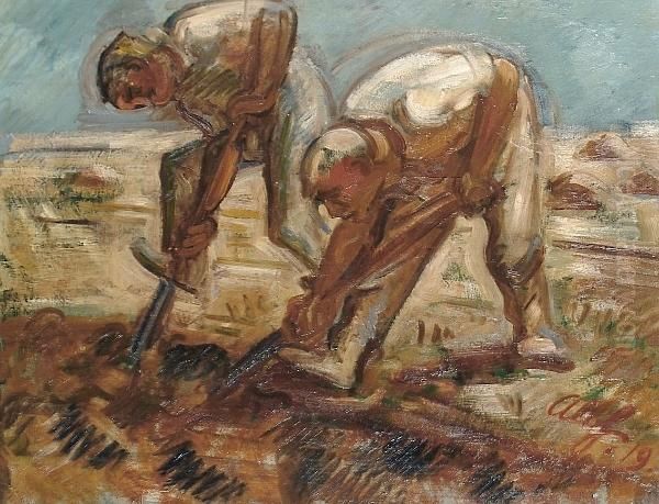 Workers In A Field Oil Painting by Albert Haueisen