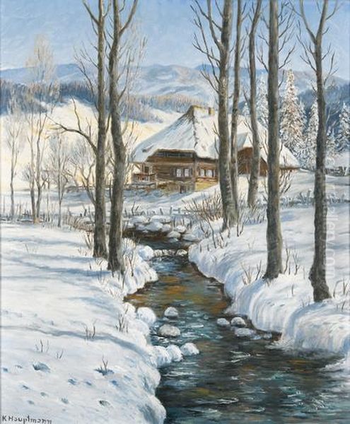 Sonnige Winterlandschaft Mit Bach Oil Painting by Karl Hauptmann