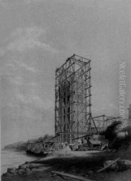 Britannia Bridge, Carnarvon Tower Oil Painting by George Hawkins