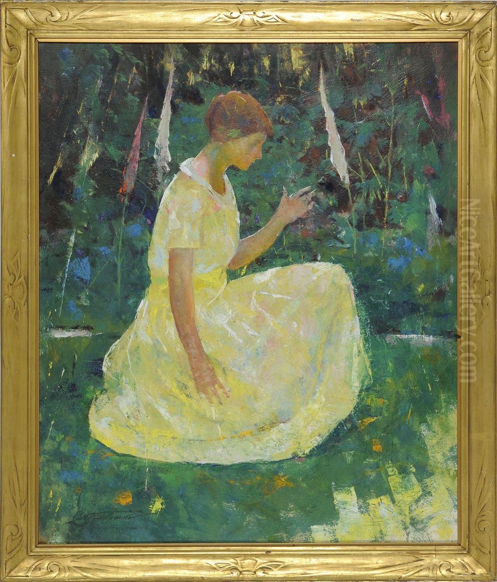 Portrait Of A Woman Dressed In Yellow Seated In A Forest Landscape Oil Painting by Charles Hawthorne
