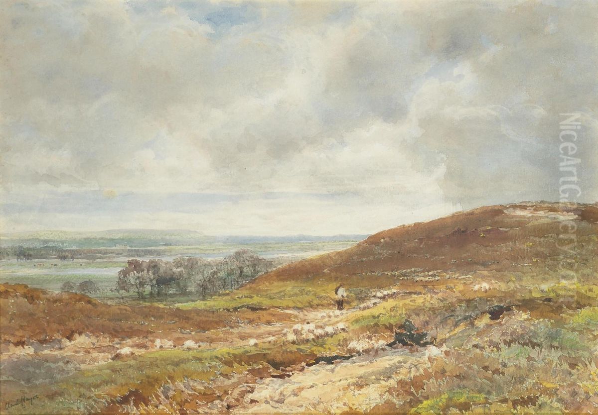 A Shepherd With His Flock In An Extensive Landscape Oil Painting by Claude Hayes