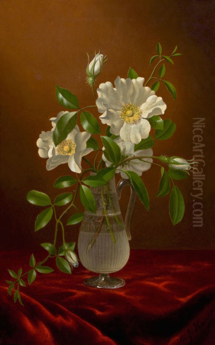 Cherokee Roses In A Glass Vase Oil Painting by Martin Johnson Heade