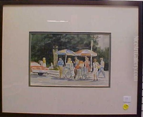 Sunny Scene Of Street Vendors With Umbrella-covered Food Carts Oil Painting by Thomas Heath Robinson