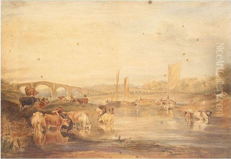 A View Of Walton Bridge, Oatlands In The Distance Oil Painting by John Moyer Heathcote