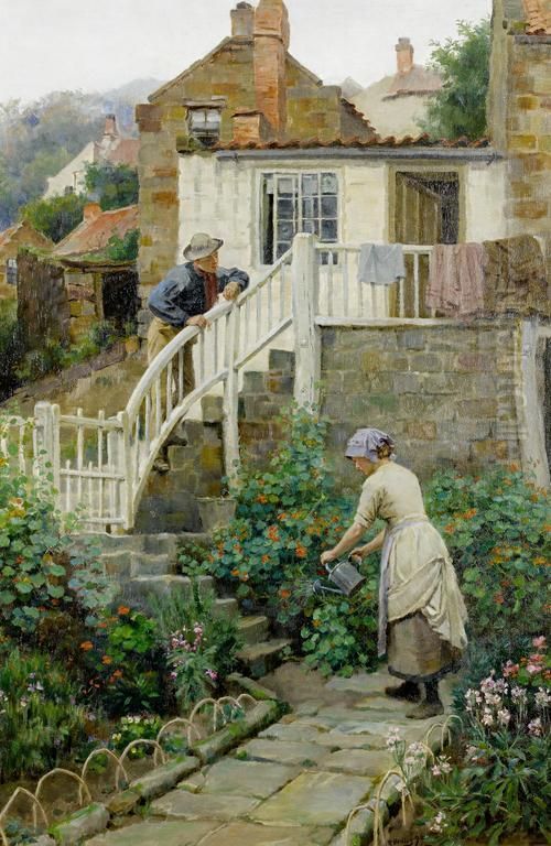 Watering The Garden Oil Painting by Ralph Hedley