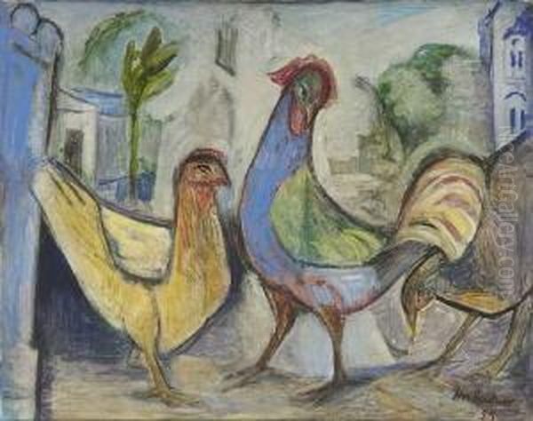 Huhner Im Hof. 1955 Oil Painting by Heinrich Heidner
