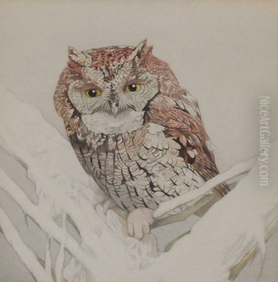 Owl On A Snowy Tree Branch Oil Painting by Charles Emile Heil