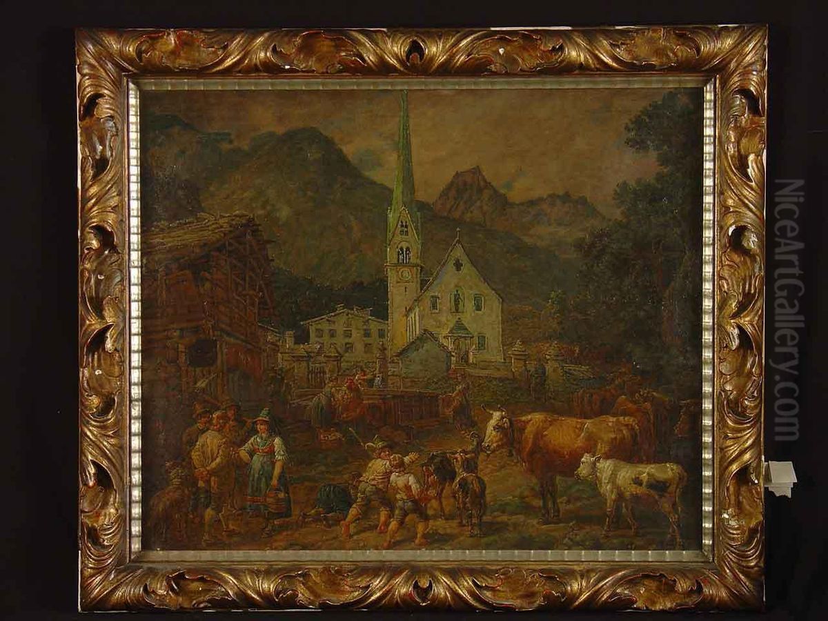 Altbayrische Dorfszene Oil Painting by Johann Baptist Heinefetter