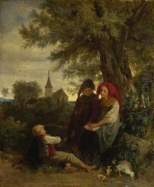Erzahlende Kinder In
 Baumlandschaft. Oil Painting by Eduard Heinel
