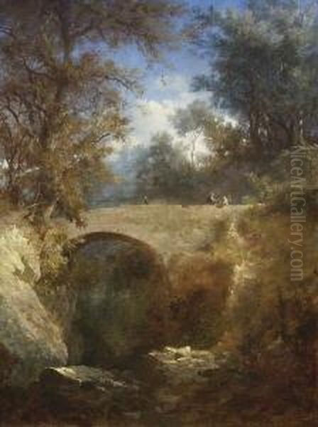Bewaldete Schlucht Mit Steinbrucke. Oil Painting by Eduard Heinel