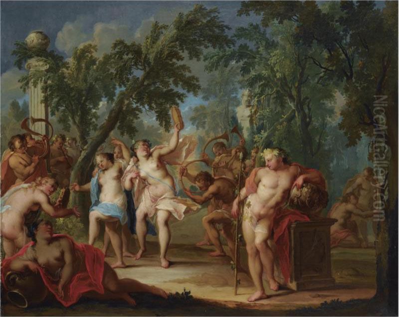 A Bacchanal In A Forest Landscape With Dancing Nymphs And Satyrs Playing The Horns Oil Painting by Johann-Heinrich Keller