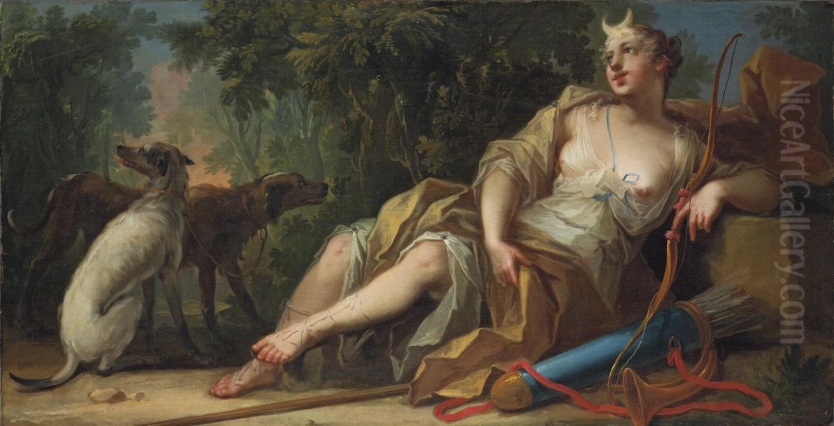 Diana Reclining In A Forest Landscape, Her Hounds Beside Oil Painting by Johann-Heinrich Keller