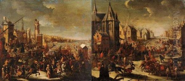 Traineaux Et Cavaliers Sur Une Riviere Gelee Oil Painting by Joseph the Younger Heintz