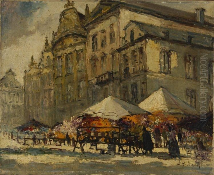 Le Marche Aux Fleurs A Bruxelles Oil Painting by Gustave Helinck