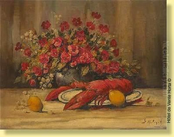 Composition Au Homard Et Au Bouquet De Fleurs Oil Painting by Gustave Helinck