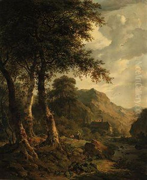 A Wooded Landscape With Figures Resting Near A Watermill Oil Painting by Pierre Jean Hellemans
