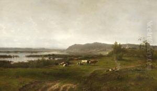 Kleines Hirtenpaar Mit Kuhen Am Wasser Oil Painting by Emil Hellrath