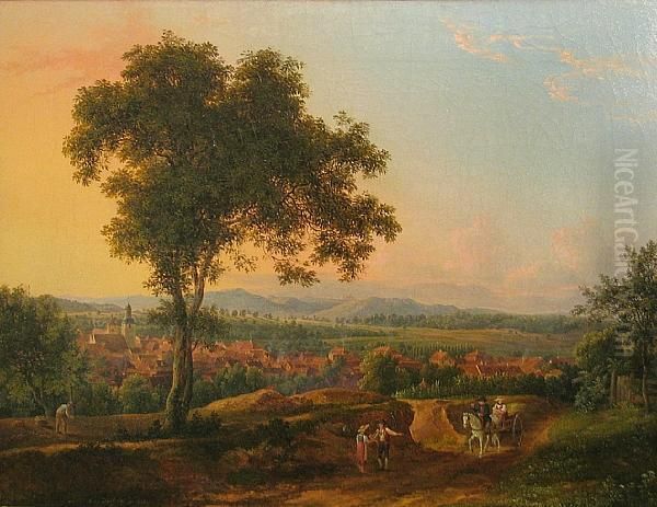 An Extensive Landscape With A View Of A Townand Figures In The Foreground Oil Painting by Johann Friedrich Helmsdorff