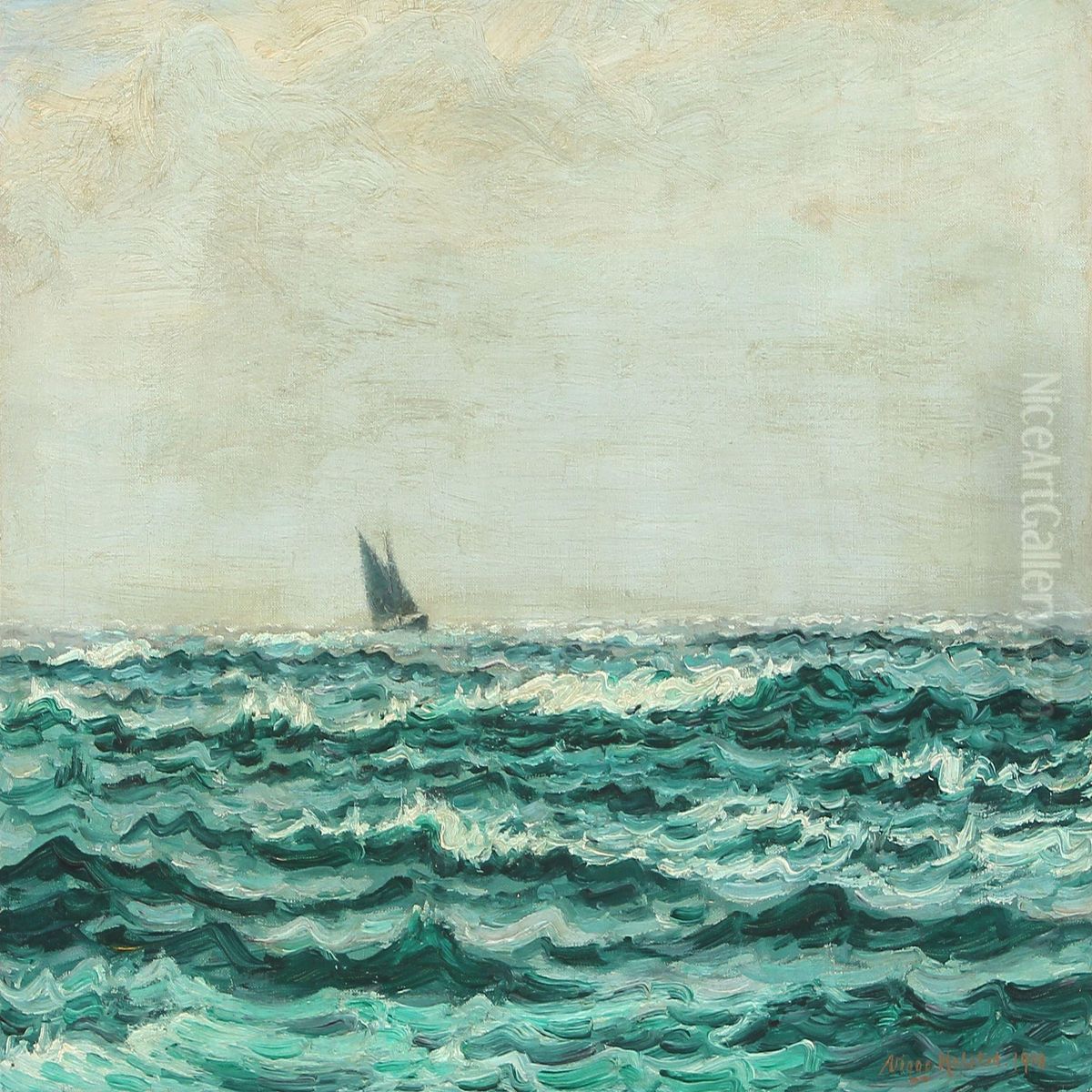 Marine With Sailing Ship At Sea Oil Painting by Viggo Helsted