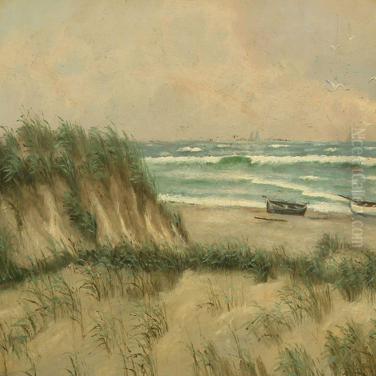 Seashore With Dinghies On The Beach Oil Painting by Viggo Helsted