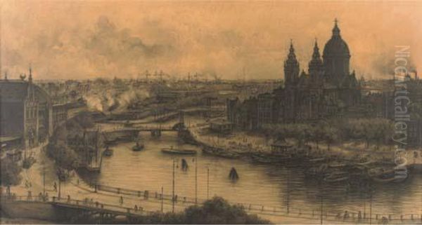 A View Of The Central Station And St. Nicholaas Church, Amsterdam Oil Painting by Albert Hemelman