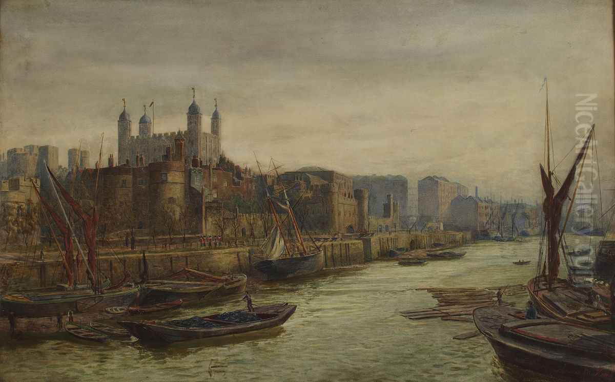 Shipping On The Thames, Tower Of London In The Distance Oil Painting by Thomas Marie Madawaska Hemy