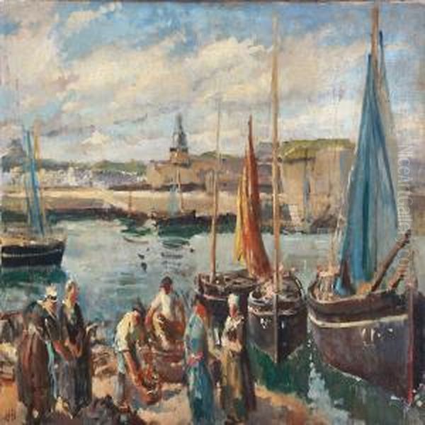 Harbour Scene With Fishermen, Presumably From Brittany Oil Painting by Hans Henningsen