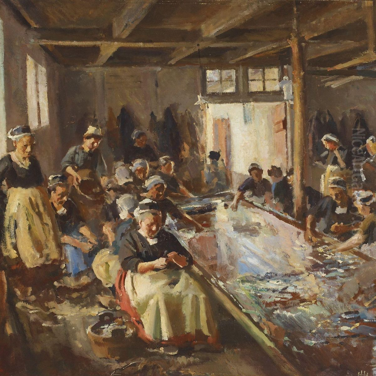 Interior Withwomen Cleaning Fish Oil Painting by Hans Henningsen