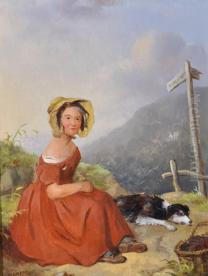 Woman And Dogresting On A Hilltop Path Oil Painting by Isaac Henzell