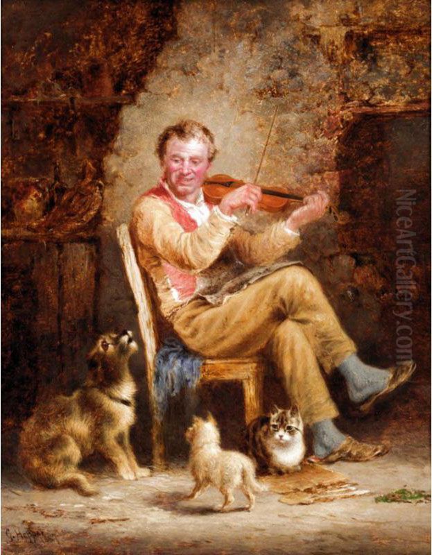 A Fiddler And His Audience Oil Painting by George Hepper