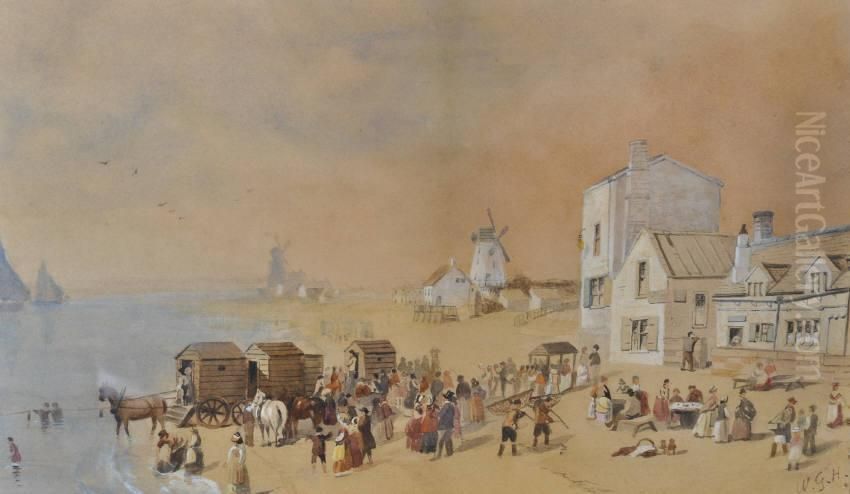 Busy Beach Scene Oil Painting by William Gavin Herdman