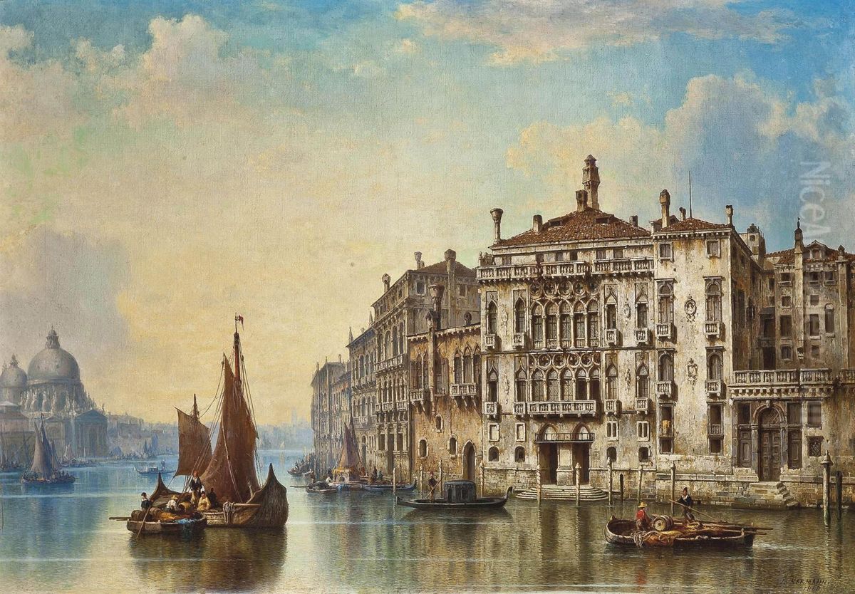 Vessels At The Opening To The Grand Canal, Venice Oil Painting by Ludwig Herrmann