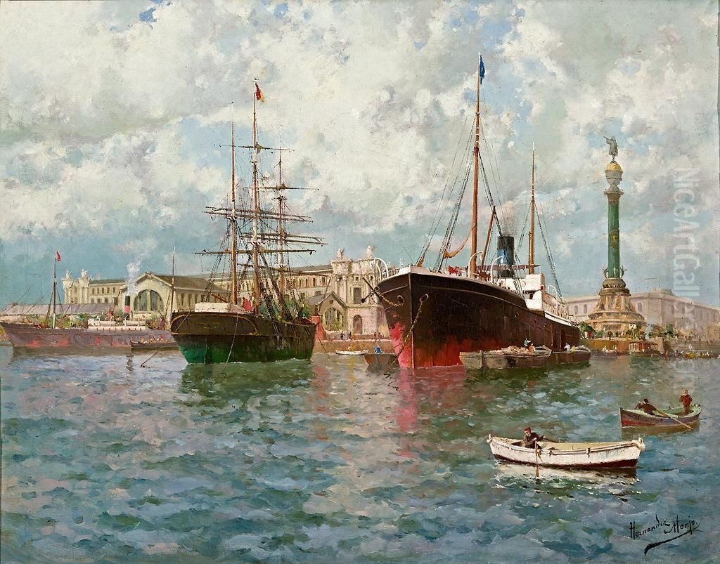 Vista Del Puerto De Barcelona Oil Painting by Francisco Hernandez Monjo