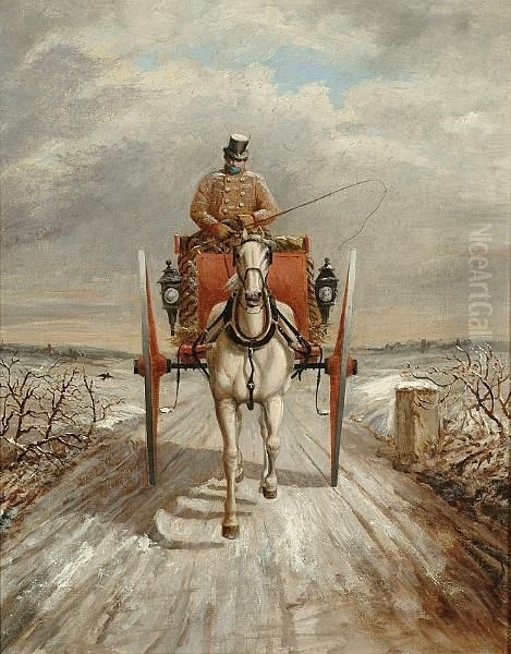 A Horse And Carriage In A Winter Landscape Oil Painting by Benjamin Herring, Jnr.