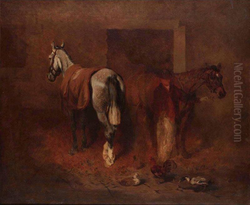 Two Horses With Groom In Stable Oil Painting by Benjamin Herring, Jnr.