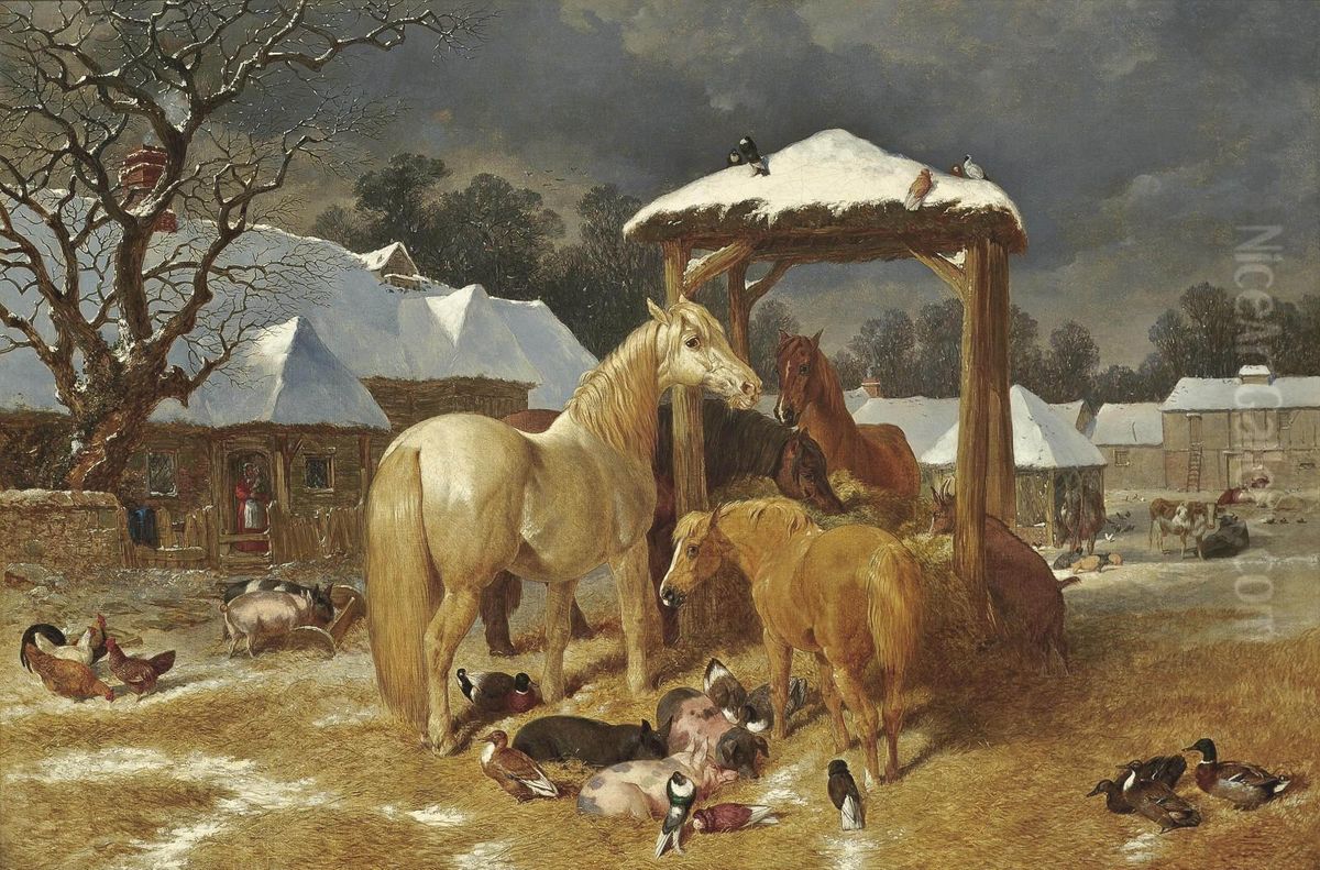 A Winter Feed Oil Painting by John Frederick Herring Snr