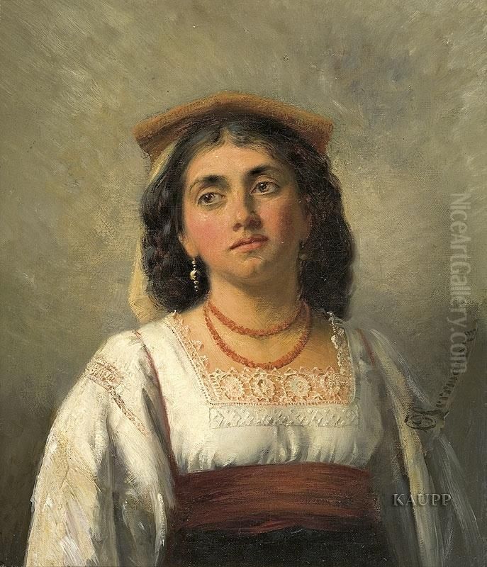 Brustbildnis Einer Jungen Frau Mit Schwarzen Locken In Sudlicher Tracht Mit Feinem Spitzenbesatz Oil Painting by Curt Herrmann